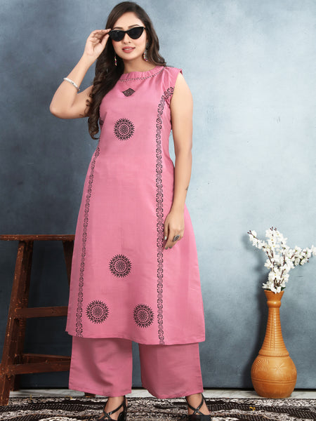 Silk Printed Round Neck Kurti With Pant Set