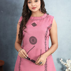 Silk Printed Round Neck Kurti With Pant Set