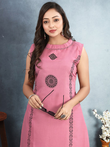 Silk Printed Round Neck Kurti With Pant Set
