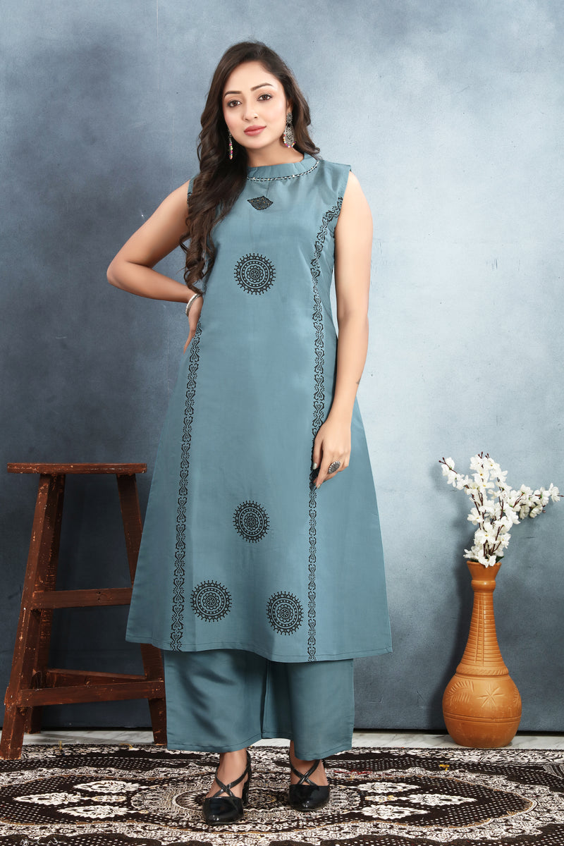 Silk Printed Round Neck Kurti With Pant Set