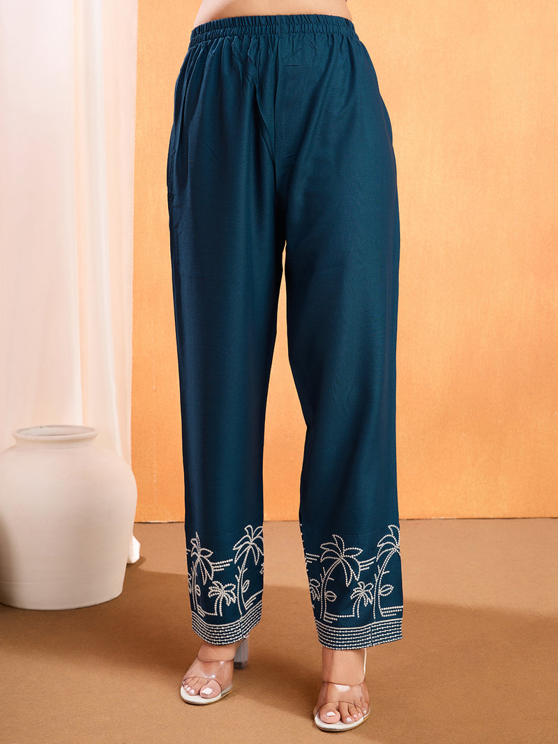 Viscose Rayon Embroidery Work Kurta Pant Set for Womens Stylish Ethnic Wear for Festive & Casual Occasions