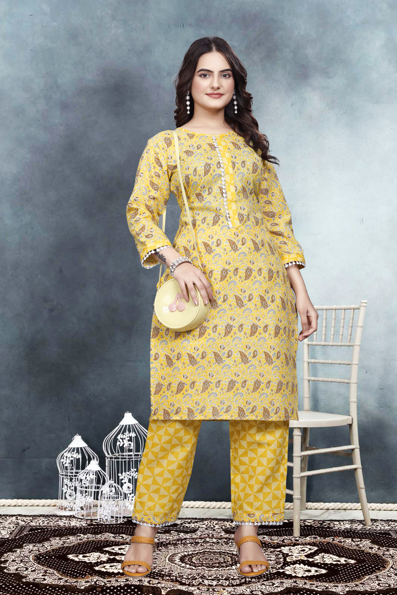 Women's Readymade Kurta & Pant Foil Print & Mirror Work Cotton Blend Kurta with Pant
