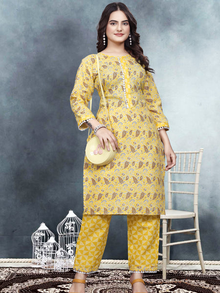Women's Readymade Kurta & Pant Foil Print & Mirror Work Cotton Blend Kurta with Pant