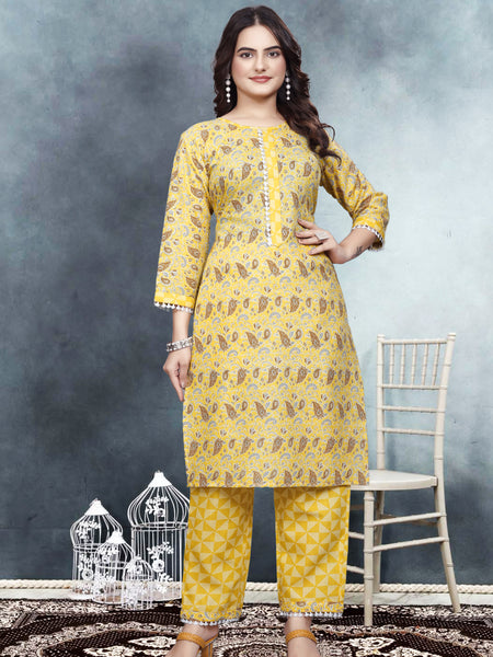 Women's Readymade Kurta & Pant Foil Print & Mirror Work Cotton Blend Kurta with Pant