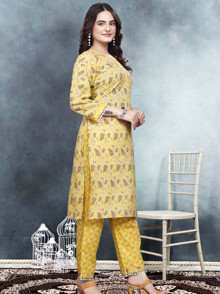Women's Readymade Kurta & Pant Foil Print & Mirror Work Cotton Blend Kurta with Pant