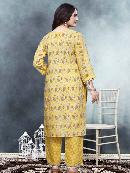 Women's Readymade Kurta & Pant Foil Print & Mirror Work Cotton Blend Kurta with Pant