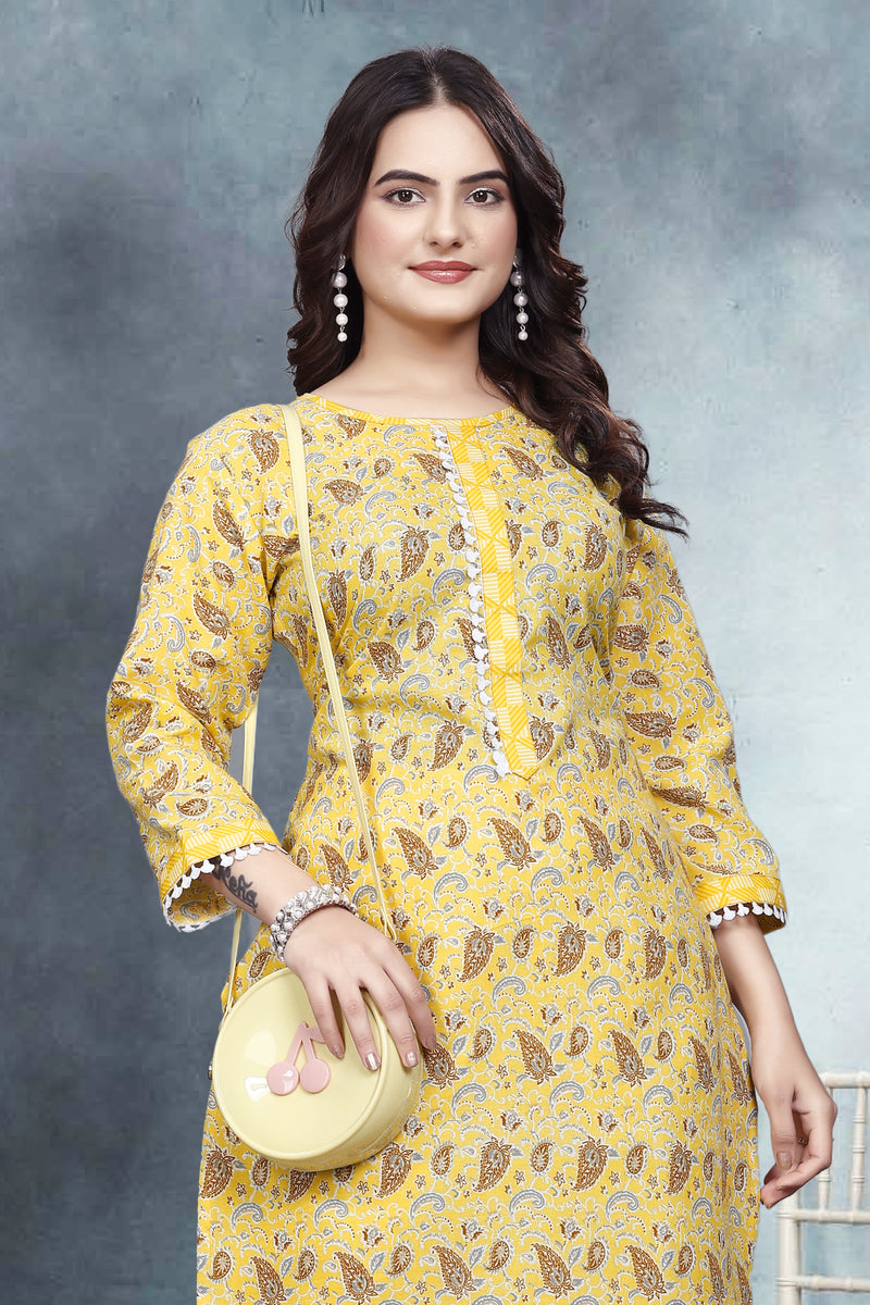 Women's Readymade Kurta & Pant Foil Print & Mirror Work Cotton Blend Kurta with Pant