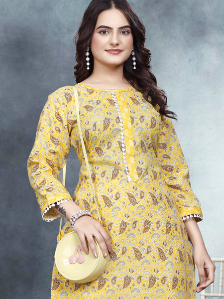 Women's Readymade Kurta & Pant Foil Print & Mirror Work Cotton Blend Kurta with Pant