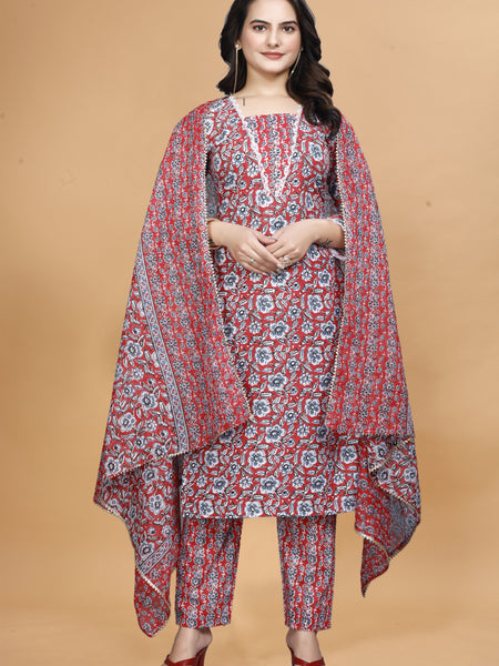Floral Printed Notch Neck Straight Kurta With Trouser & Dupatta