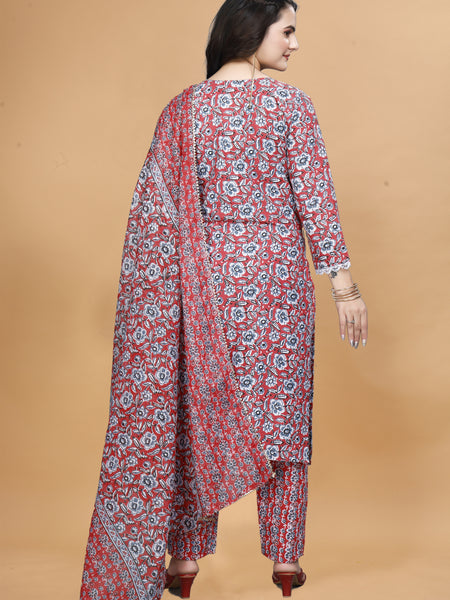 Floral Printed Notch Neck Straight Kurta With Trouser & Dupatta