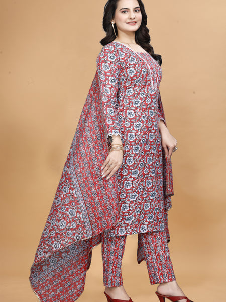 Floral Printed Notch Neck Straight Kurta With Trouser & Dupatta