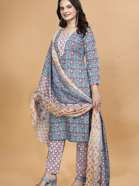 Women Cotton Blend Kurti Pant Dupatta Set/kurti set/kurta set