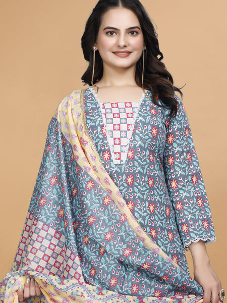 Women Cotton Blend Kurti Pant Dupatta Set/kurti set/kurta set