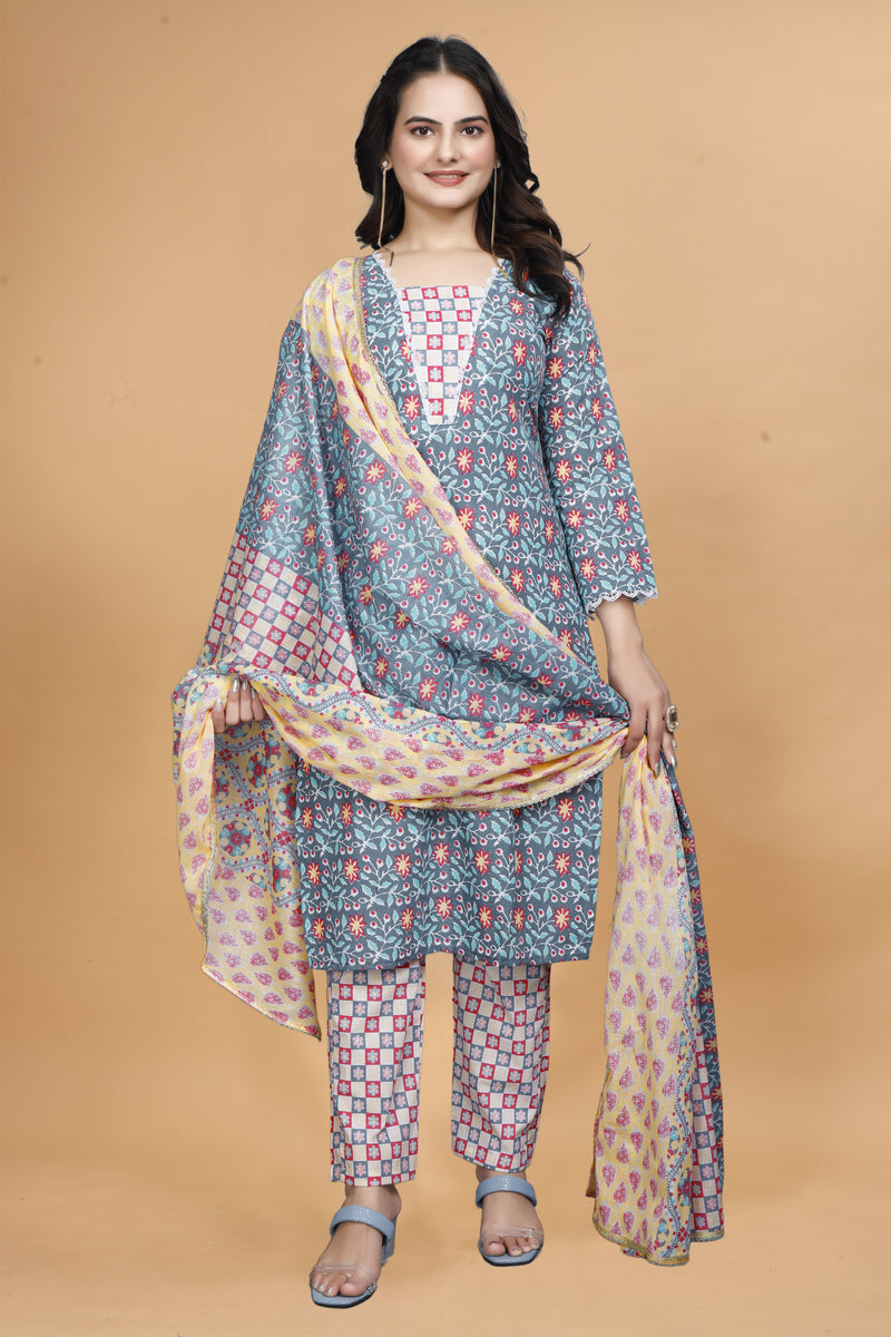Women Cotton Blend Kurti Pant Dupatta Set/kurti set/kurta set