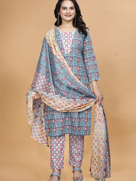 Women Cotton Blend Kurti Pant Dupatta Set/kurti set/kurta set