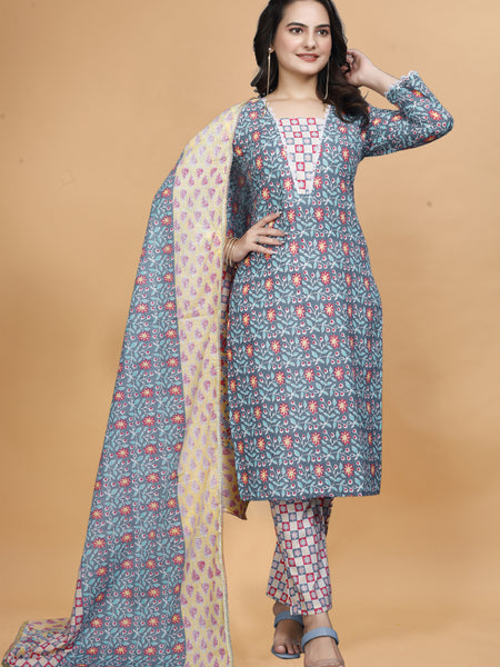 Women Cotton Blend Kurti Pant Dupatta Set/kurti set/kurta set