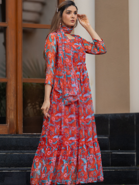 Rust Red Leaf Print Maxi Dress
