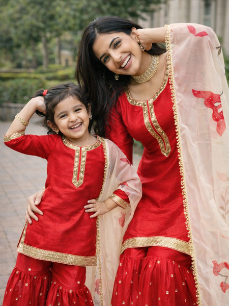 Premium Mom-Daughter Combo Top Sharara And Dupatta Sets