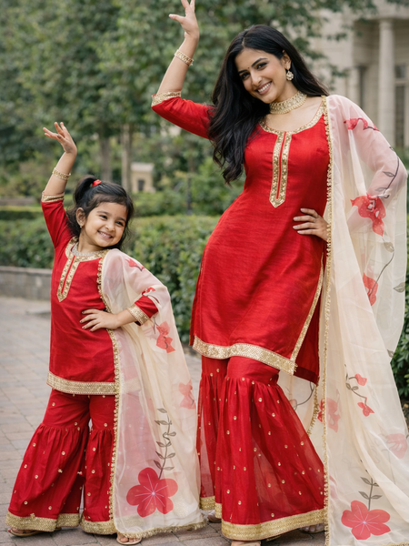 Premium Mom-Daughter Combo Top Sharara And Dupatta Sets