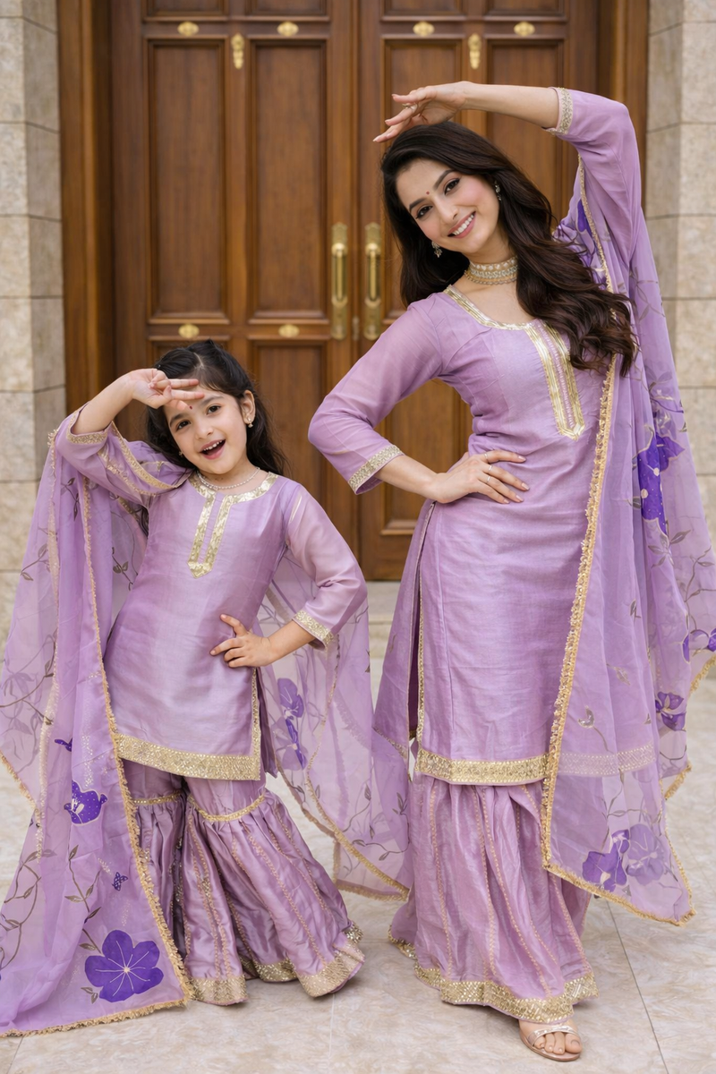Premium Mom-Daughter Combo Top Sharara And Dupatta Sets