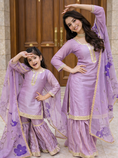 Premium Mom-Daughter Combo Top Sharara And Dupatta Sets