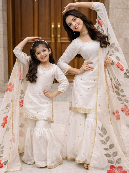 Premium Mom-Daughter Combo Top Sharara And Dupatta Sets
