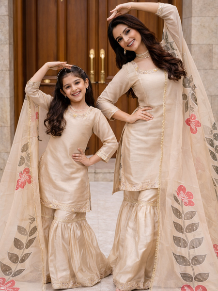 Premium Mom-Daughter Combo Top Sharara And Dupatta Sets