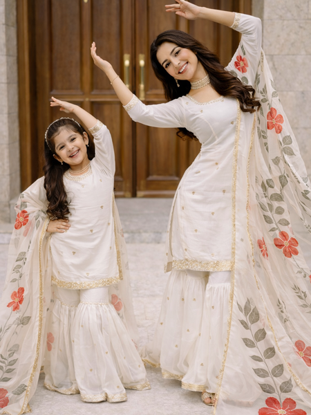 Premium Mom-Daughter Combo Top Sharara And Dupatta Sets