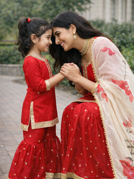 Premium Mom-Daughter Combo Top Sharara And Dupatta Sets