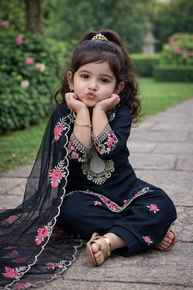 Premium Beautiful Kids Black Color Top Salwar And Dupatta Set