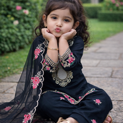 Premium Beautiful Kids Black Color Top Salwar And Dupatta Set