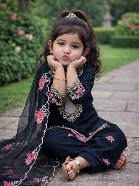 Premium Beautiful Kids Black Color Top Salwar And Dupatta Set