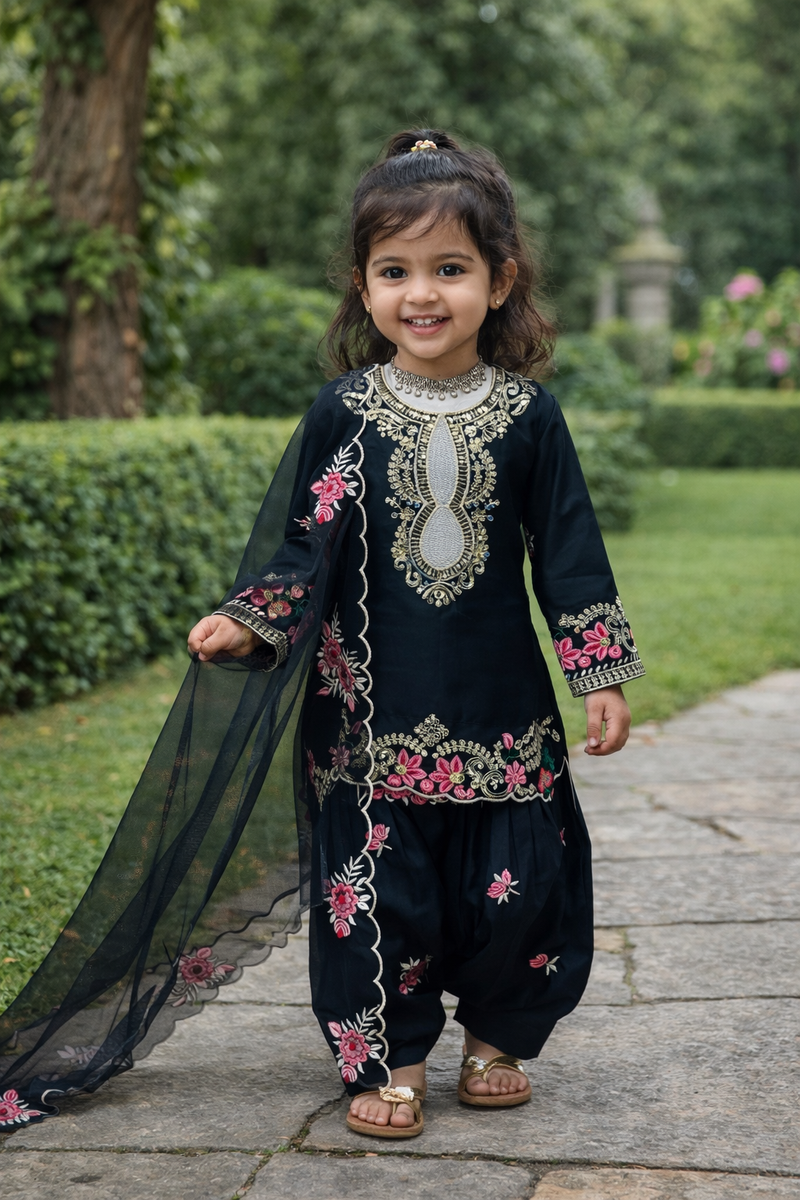 Premium Beautiful Kids Black Color Top Salwar And Dupatta Set