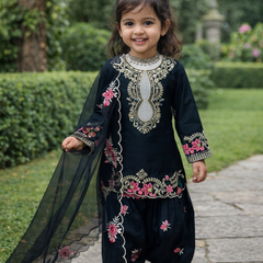 Premium Beautiful Kids Black Color Top Salwar And Dupatta Set