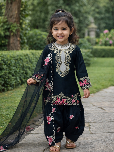 Premium Beautiful Kids Black Color Top Salwar And Dupatta Set