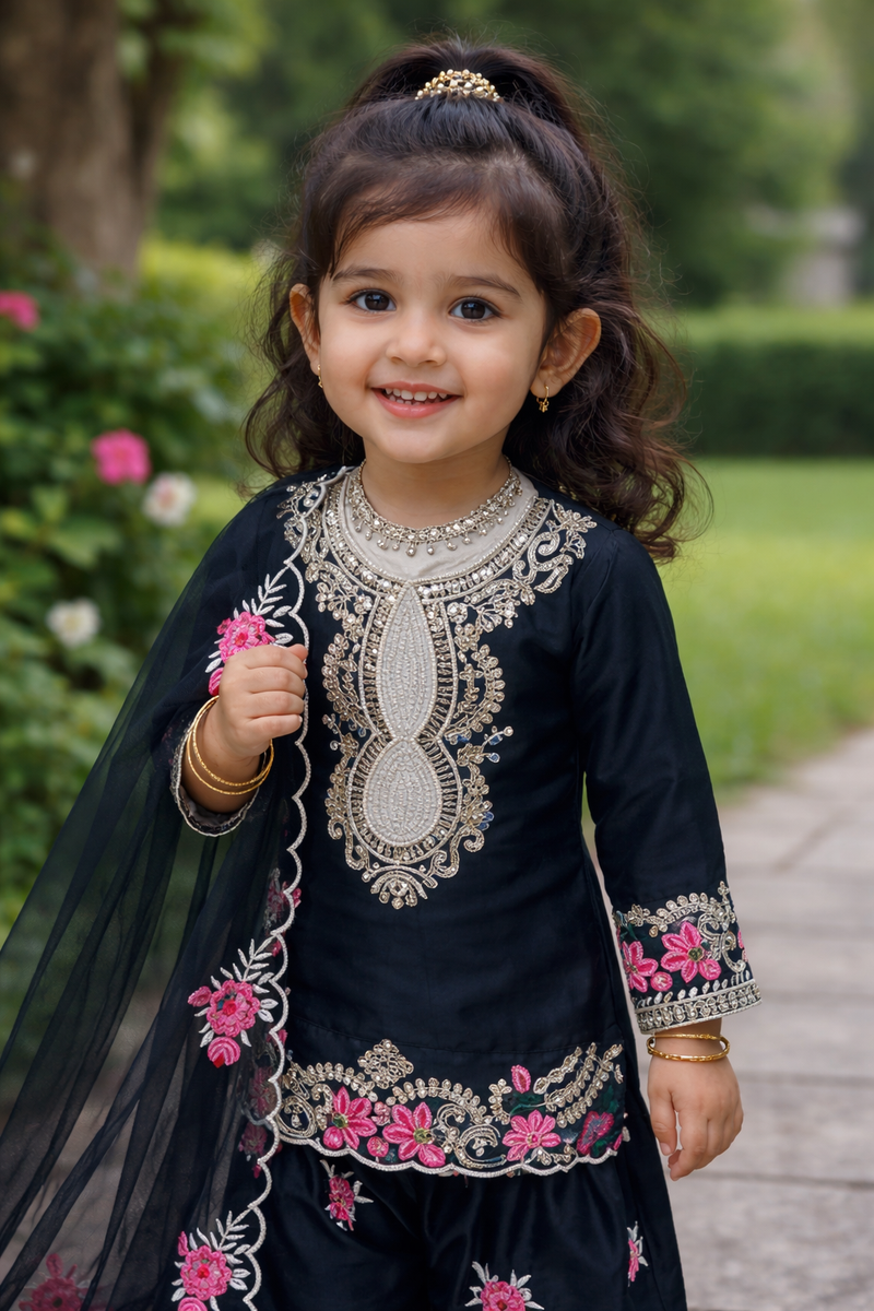 Premium Beautiful Kids Black Color Top Salwar And Dupatta Set