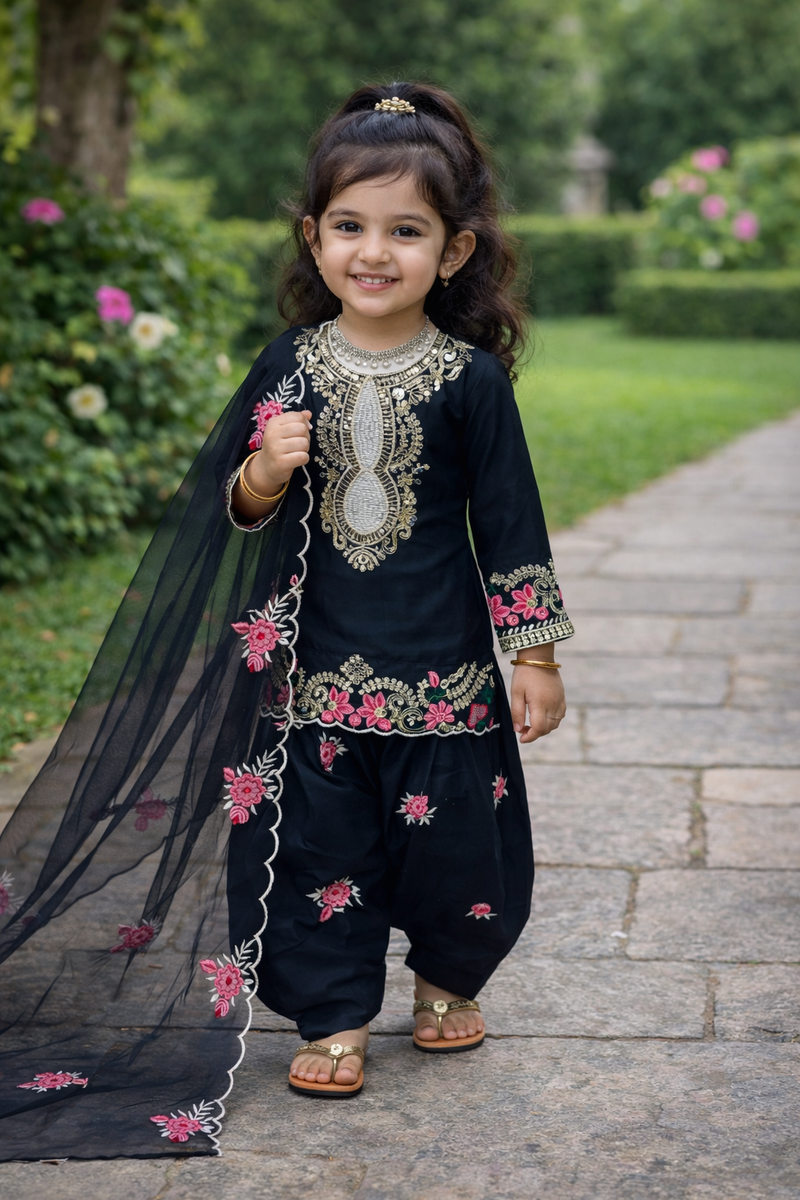 Premium Beautiful Kids Black Color Top Salwar And Dupatta Set