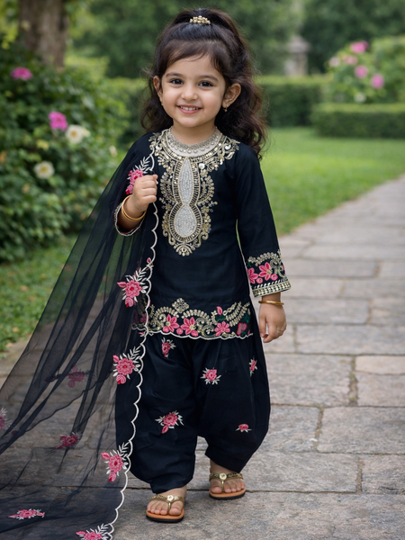 Premium Beautiful Kids Black Color Top Salwar And Dupatta Set