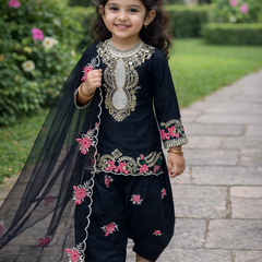 Premium Beautiful Kids Black Color Top Salwar And Dupatta Set