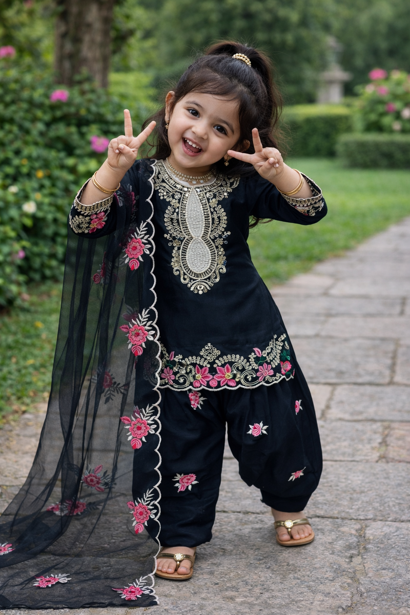 Premium Beautiful Kids Black Color Top Salwar And Dupatta Set