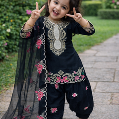 Premium Beautiful Kids Black Color Top Salwar And Dupatta Set