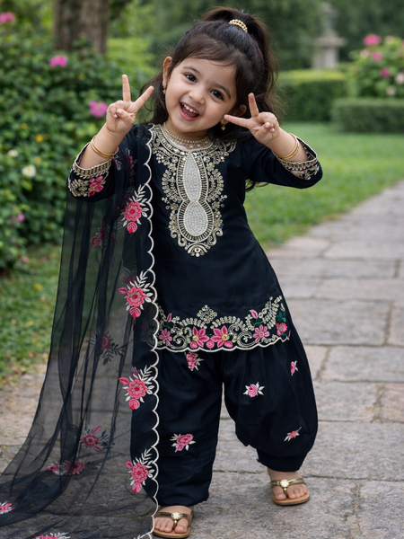 Premium Beautiful Kids Black Color Top Salwar And Dupatta Set