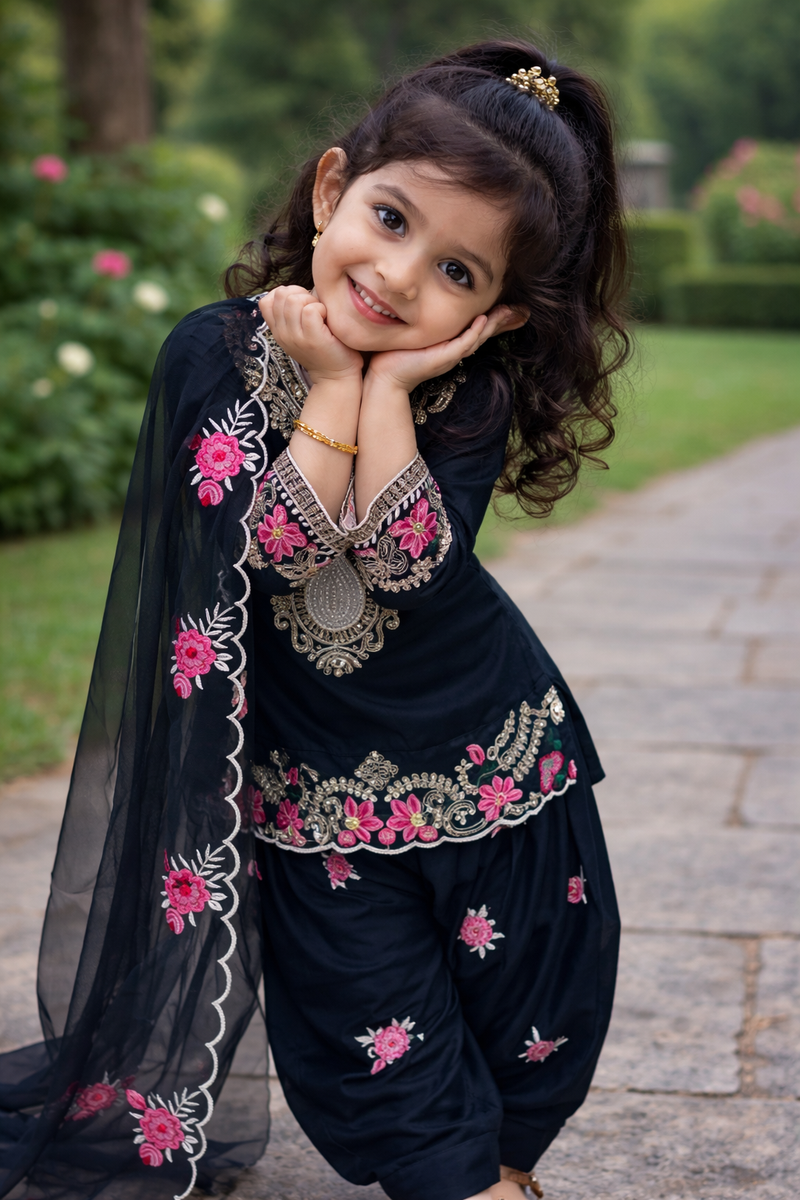Premium Beautiful Kids Black Color Top Salwar And Dupatta Set