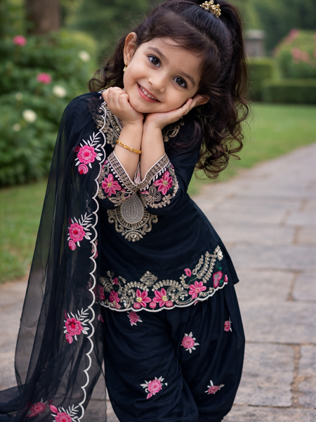 Premium Beautiful Kids Black Color Top Salwar And Dupatta Set