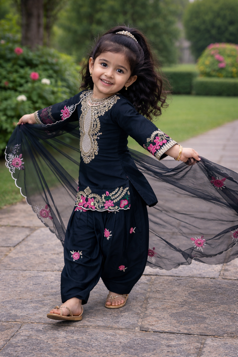 Premium Beautiful Kids Black Color Top Salwar And Dupatta Set