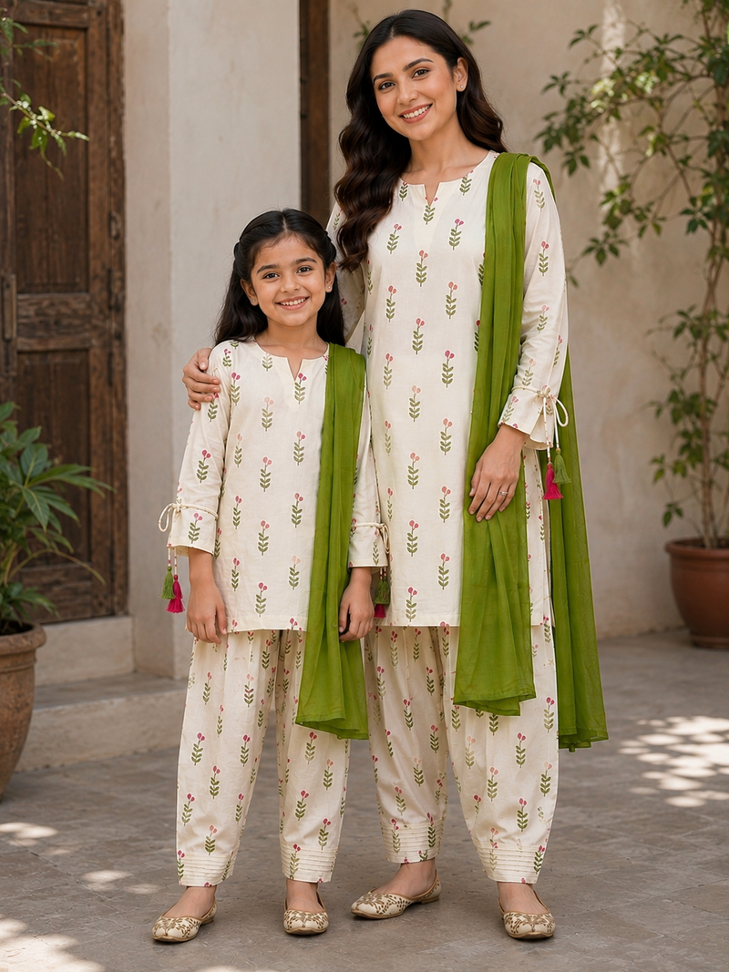 Trending New Đěsigner Mom-Daughter Combo Natural Crep Silk Top Farshi salwar & Dupatta Set