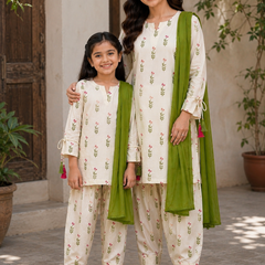 Trending New Đěsigner Mom-Daughter Combo Natural Crep Silk Top Farshi salwar & Dupatta Set