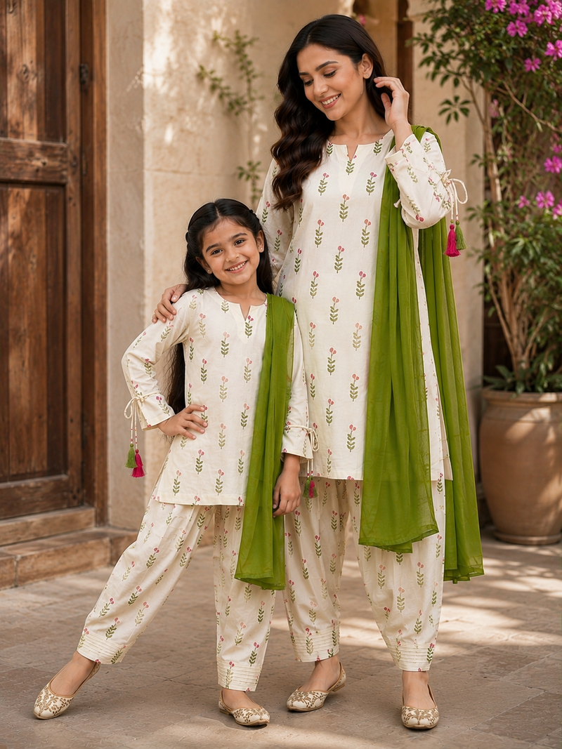 Trending New Đěsigner Mom-Daughter Combo Natural Crep Silk Top Farshi salwar & Dupatta Set