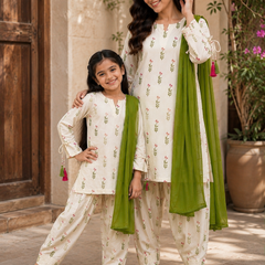 Trending New Đěsigner Mom-Daughter Combo Natural Crep Silk Top Farshi salwar & Dupatta Set