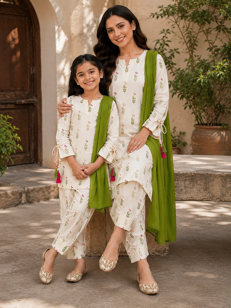 Trending New Đěsigner Mom-Daughter Combo Natural Crep Silk Top Farshi salwar & Dupatta Set
